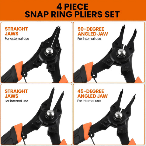 4 In 1 Snap Ring Pliers Set With Interchangeable Jaw Heads for Internal and External Clips, showing different jaw tips