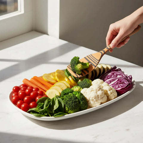 Premium Wooden Cooking Spoon Set of Three Dishwasher Safe and Heat Resistant Kitchen Utensils for Nonstick Pans stirring vegetables on a plate.