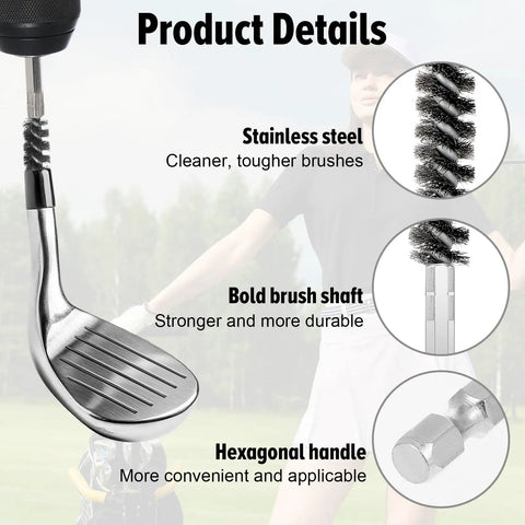 4 Pack Golf Club Hosel Brush With Stainless Steel Wire Bristles And Hex Shank Handle For Wood And Iron Golf Clubs Clean Dirt And Grime Fast Rust Resistant Cleaning Tool Compatible With Electric Drill, angled brush detail