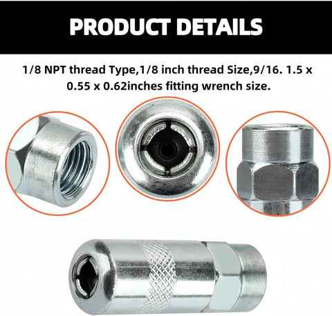 4-pack chrome grease gun coupler tips shown in front and side close-ups, with 1/8 NPT threads