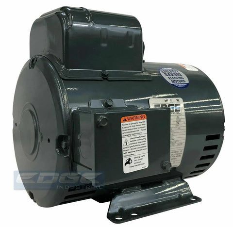 Heavy Duty Rock Solid Workhorse Electric Motor For Compressor Duty 5HP Single Phase 230V 184T Frame from side view with warning label.