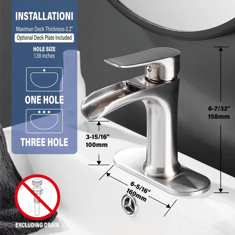 Brushed Nickel Waterfall Bathroom Faucet for Sink With 4 Inch Deck Plate Single Hole Or 3 Hole Setup shown in installation guide.