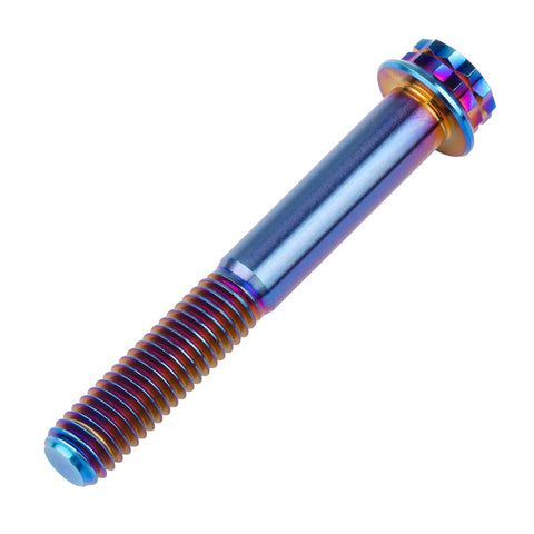 Burnt-blue titanium flange bolt with 12-point head; M10 thread, partially threaded shaft.