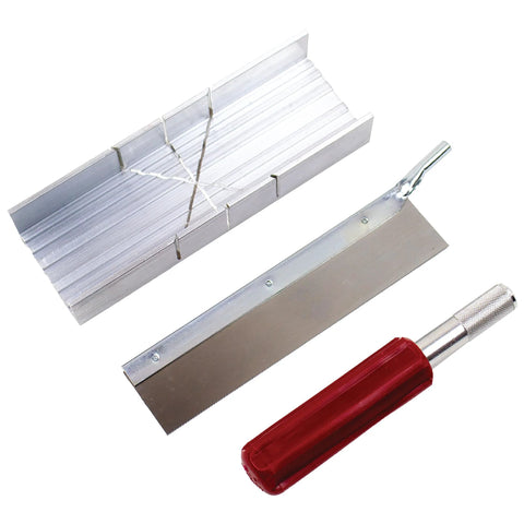 6-inch metal mitre box set with aluminum body and red-handled pull saw for 45°/90° cuts