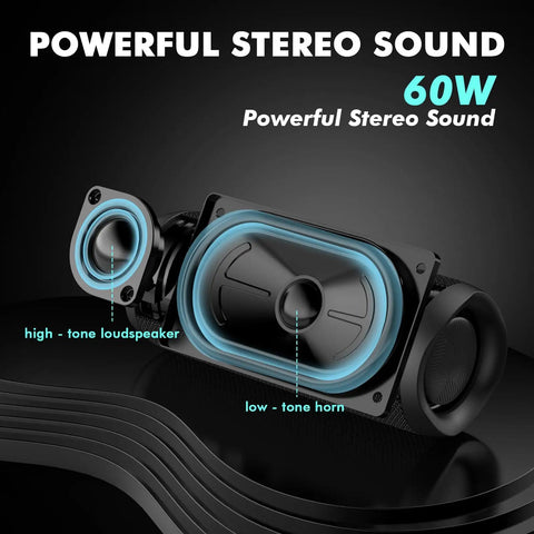 Inside view of 60W Outdoor Bluetooth Speaker with IPX8 Waterproof, showcasing high-tone loudspeaker and low-tone horn.