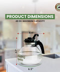 Stove Top Borosilicate Glass Whistling Tea Kettle 12 Cup 48oz BPA Free German Made with dimensions shown in modern kitchen.