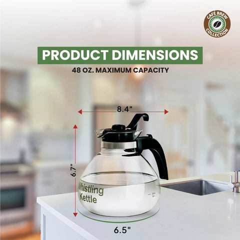 Stove Top Borosilicate Glass Whistling Tea Kettle 12 Cup 48oz BPA Free German Made with dimensions shown in modern kitchen.