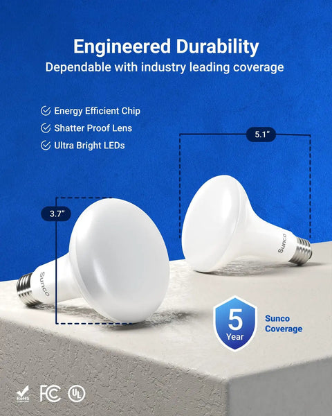 12 Pack BR30 LED Bulbs For Recessed Can Lights, Indoor Flood Lighting, 1600 Lumens, 16W, showing dimensions and features