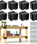 Heavy Duty 3 Way Right Angle Corner Bracket Set For 1.5x3.5 Inch Wood, 8 Pack With Screws, displayed with a workbench setup