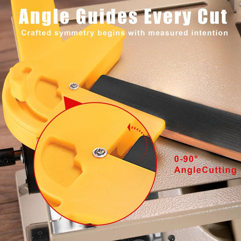 Yellow angle guide on Do-It-All 69-Piece Jewelry Making Polisher Kit With Flex Shaft Mini Table Saw Bench Grinder Sander And Buffing Tool 10,000 RPM 750W Power Perfect For Jewelry Metal And Wood Detailing