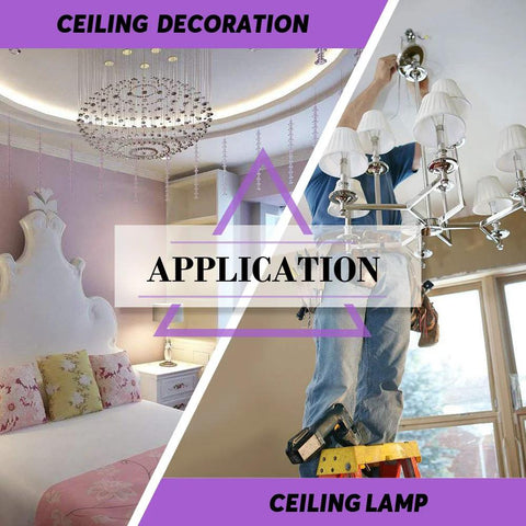 Elegant ceiling decoration with chandelier and man installing ceiling lamp in a bedroom setting.