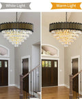 3 Tier Black And Gold Crystal Chandelier Pendant Light Fixture For Living Room Dining Room Kitchen Foyer Bedroom And Entryway, Round Flush Mount Ceiling Lighting, Adjustable Height Chain, 16 Inch Wide, shown with white and warm light settings in foyer