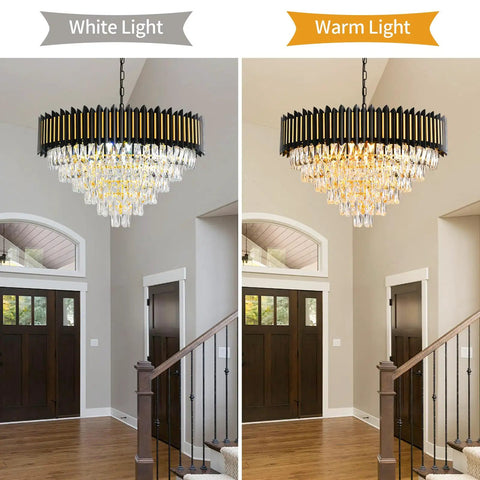 3 Tier Black And Gold Crystal Chandelier Pendant Light Fixture For Living Room Dining Room Kitchen Foyer Bedroom And Entryway, Round Flush Mount Ceiling Lighting, Adjustable Height Chain, 16 Inch Wide, shown with white and warm light settings in foyer