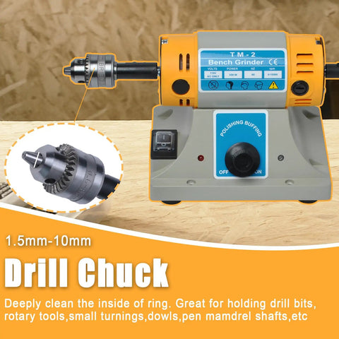 Front view of Jewelry Polisher And Bench Grinder Kit With Adjustable Speed, featuring drill chuck and control interface.