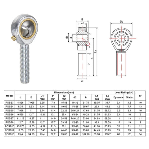 5/16 Inch Male Rod End Bearing Set With Jam Nut 2 Pack Left And Right Hand Thread 5/16-24 For Smooth Motion In Mechanical Linkages And Steering Arms Constructed From 45 Steel For Rugged Durable Performance. Steel male rod end bearing with 5/16-24 thread and dimensions chart