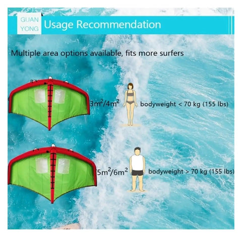 Inflatable Windsurfing Wing For Windsurfing Wing Foil And Handheld Kite Surfing display with size and weight recommendations