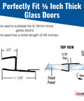 Bulletproof Leak Blocker For Frameless Shower Door Side Seal Strip With H Jamb Vinyl Insert 95 Inch Long Ultra Clear Pvc for 3/8 inch glass dimensions and top view diagram.
