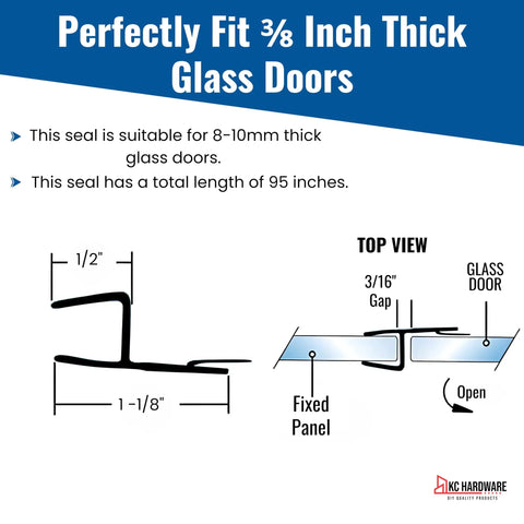 Bulletproof Leak Blocker For Frameless Shower Door Side Seal Strip With H Jamb Vinyl Insert 95 Inch Long Ultra Clear Pvc for 3/8 inch glass dimensions and top view diagram.