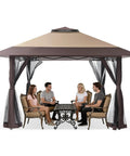 13x13 Pop Up Gazebo With Mosquito Netting, quick one push setup, shown with people seated underneath