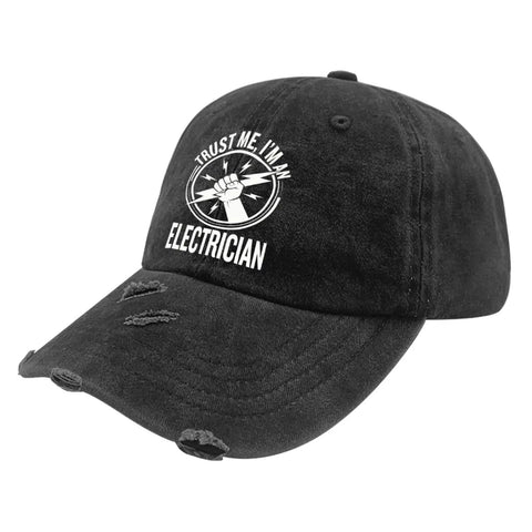 Trust Me I Am An Electrician Hat With Laser Engraved Design, black distressed cap, front view
