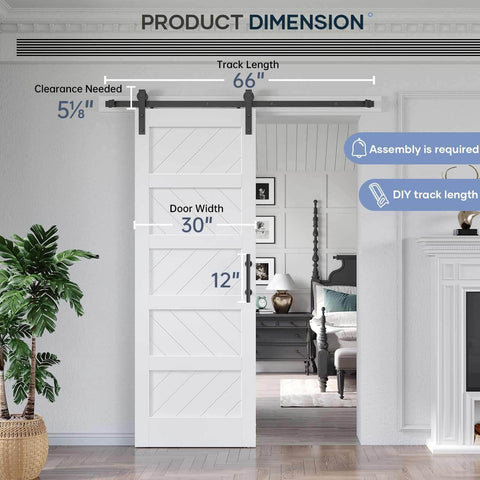 White 30x84 Inch Sliding Barn Door With 5.5 Ft Hardware Kit Included Solid MDF Slab With Waterproof Scratch Resistant PVC Surface DIY Easy Install Space Saving 5 Panel Door For Home And Apartment Renovations installed in a living room.