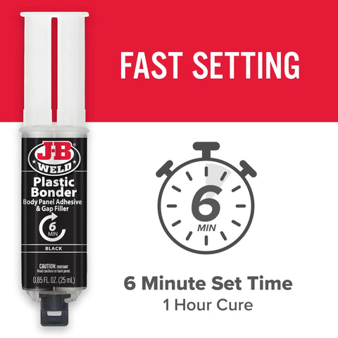 J-B Weld Plastic Bonder syringe, black 25 ml, body panel adhesive, front view