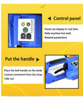Control panel and handle details of PRO GRADE RECHARGEABLE STRAPPING TOOL FOR PP AND PET PLASTIC BELTS WITH 3000 MAH BATTERY.