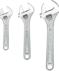 Adjustable Wrench Set, 3-Piece All Steel With Metric And SAE Scale, corrosion resistant chrome finish, wide jaw openings visible.