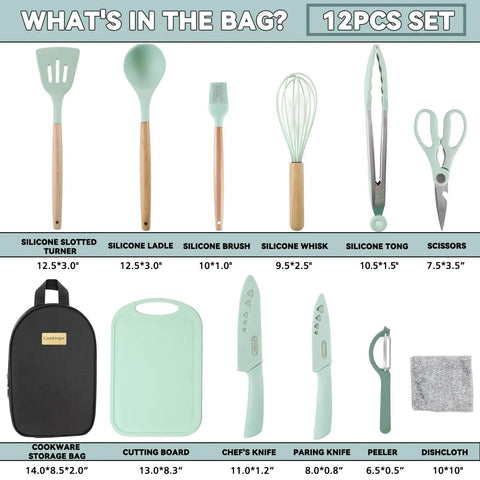 Ultimate Camping Kitchen Utensils Set For Outdoor Cooking Portable Silicone Cookware Kit with 12 pc utensils and bag layout