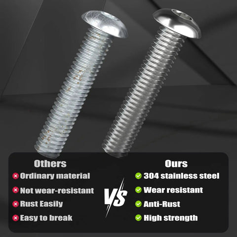 Comparison of 304 stainless steel 22 Pack 3/8 16 X 1/2 In Button Head Socket Cap Bolts versus ordinary bolts.