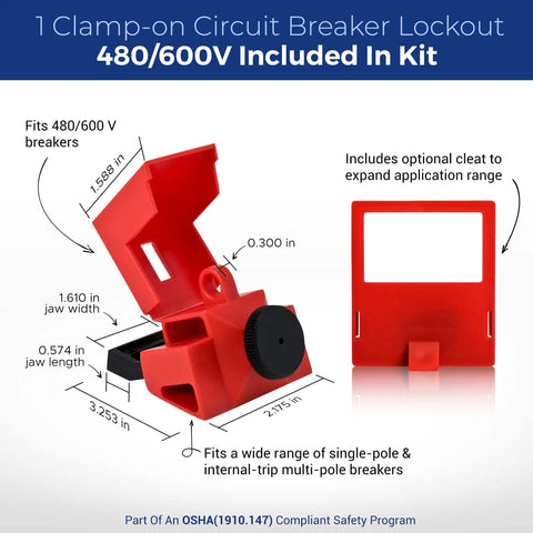 Lockout Tagout Electrical LOTO Kit for Quick Power Down 120/277V to 480/600V Circuit Lockouts Red Padlock Hasps and Tags Portable Station Refill Pack, showing a 480/600V circuit breaker lockout with dimensions and optional cleat.