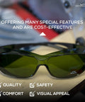 Built Tough Kickass IR3 Welding Safety Glasses With Anti Fog And Anti Scratch Wrap Around Lenses UV Shield Flexible Fit ANSI Z87 Certified Smooth Vision For Daily Grind Close-up on lenses.