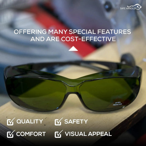 Built Tough Kickass IR3 Welding Safety Glasses With Anti Fog And Anti Scratch Wrap Around Lenses UV Shield Flexible Fit ANSI Z87 Certified Smooth Vision For Daily Grind Close-up on lenses.