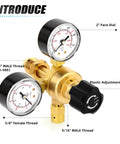 Front-angled regulator with gauges for argon/CO2 welding, brass body, 2-inch dial, CGA-580 male thread, plastic knob