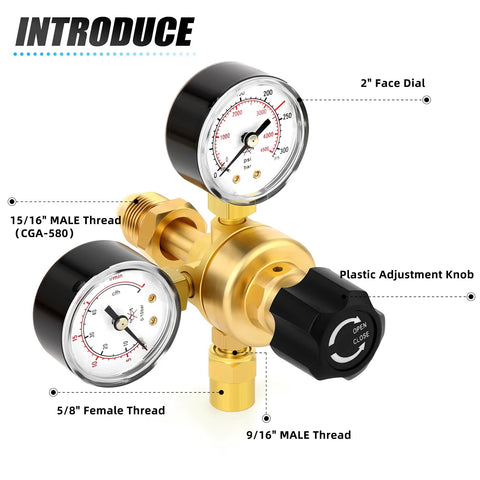 Front-angled regulator with gauges for argon/CO2 welding, brass body, 2-inch dial, CGA-580 male thread, plastic knob