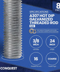 Hot Dip Galvanized Three Eighths Inch Threaded Rods 24 Inch Long 16 TPI UNC Coarse 8 Pack With Nuts And Washers Built Tough