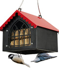 Double Upside Down Suet Feeder With Weatherproof Roof All Metal Outdoor Hanging Bird Feeder Ideal For Downy Woodpecker Nuthatch And Chickadee Red Squirrel Resistant Design For Year Round Outdoor Use featuring two birds feeding.