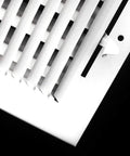 20 Inch By 6 Inch 2 Way Vertical Air Supply Grille Vent Cover Diffuser With Flat Stamped Face White Finish, corner detail view