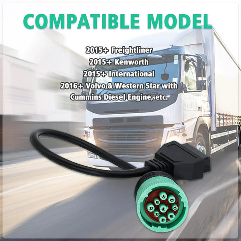 9 Pin To 16 Pin OBD2 Adapter Cable for Heavy Duty Trucks and Commercial Vehicles Type 2 Green J1939 Connector