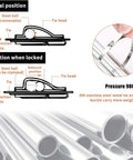 Diagram of Pro Grade Heavy Duty Stainless Steel Cable Tie Gun Kit showing tie locking positions and steel pipe illustration
