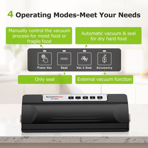 Powerful Vacuum Sealer For Food With Automatic Mode showing 4 operating modes and control panel