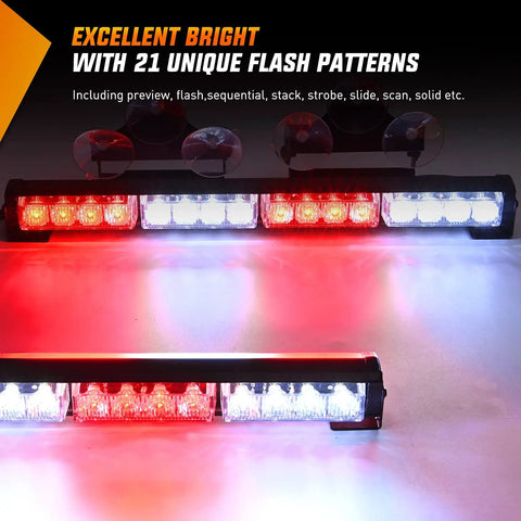 17 Inch 2 In 1 LED Traffic Advisor Warning Light Bar Red And White For Police Cars First Responders And Construction Vehicles Directing Traffic And Hazard Alerts On Roadways, shown flashing