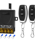 Wireless Remote Switch With 30A Relay For 8V 12V 24V 48V 72V And 86V DC Systems shown with RF remote controls and connectors