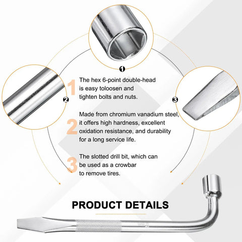 Spare Tire Lug Wrench 17mm Carbon Steel L Type Slotted End Hex Socket L Shaped Tire Repair Tool with hex and slotted ends