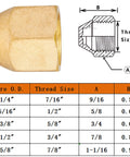 Brass Flare Cap Fittings Kit For 1/4 To 5/8 Inch Tubing with size chart and technical diagram