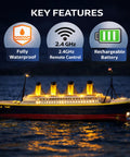 32 Inch Remote Control Titanic Boat With LED Lights And 2.4 GHz Radio Large RC Cruise Ship in water with highlighted features