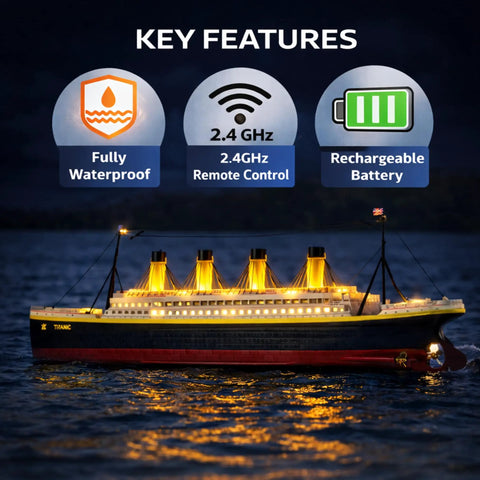 32 Inch Remote Control Titanic Boat With LED Lights And 2.4 GHz Radio Large RC Cruise Ship in water with highlighted features
