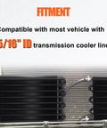 Eight Pass Aluminum Transmission Oil Cooler Kit with 5/16 inch lines and mounting, shown with fitment and black core design