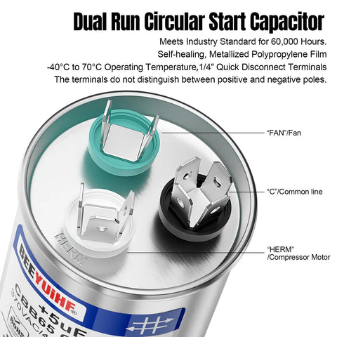 Beefed Up Heavy Duty Dual Run Capacitor 40 And 5 MFD CBB65 for AC motors and fans, labeled terminals for air conditioner use