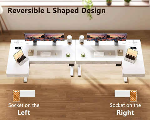 Top view of L Shaped Electric Standing Desk With Four Wooden Drawers 55 Inch Height Adjustable Corner Desk With Power Outlets